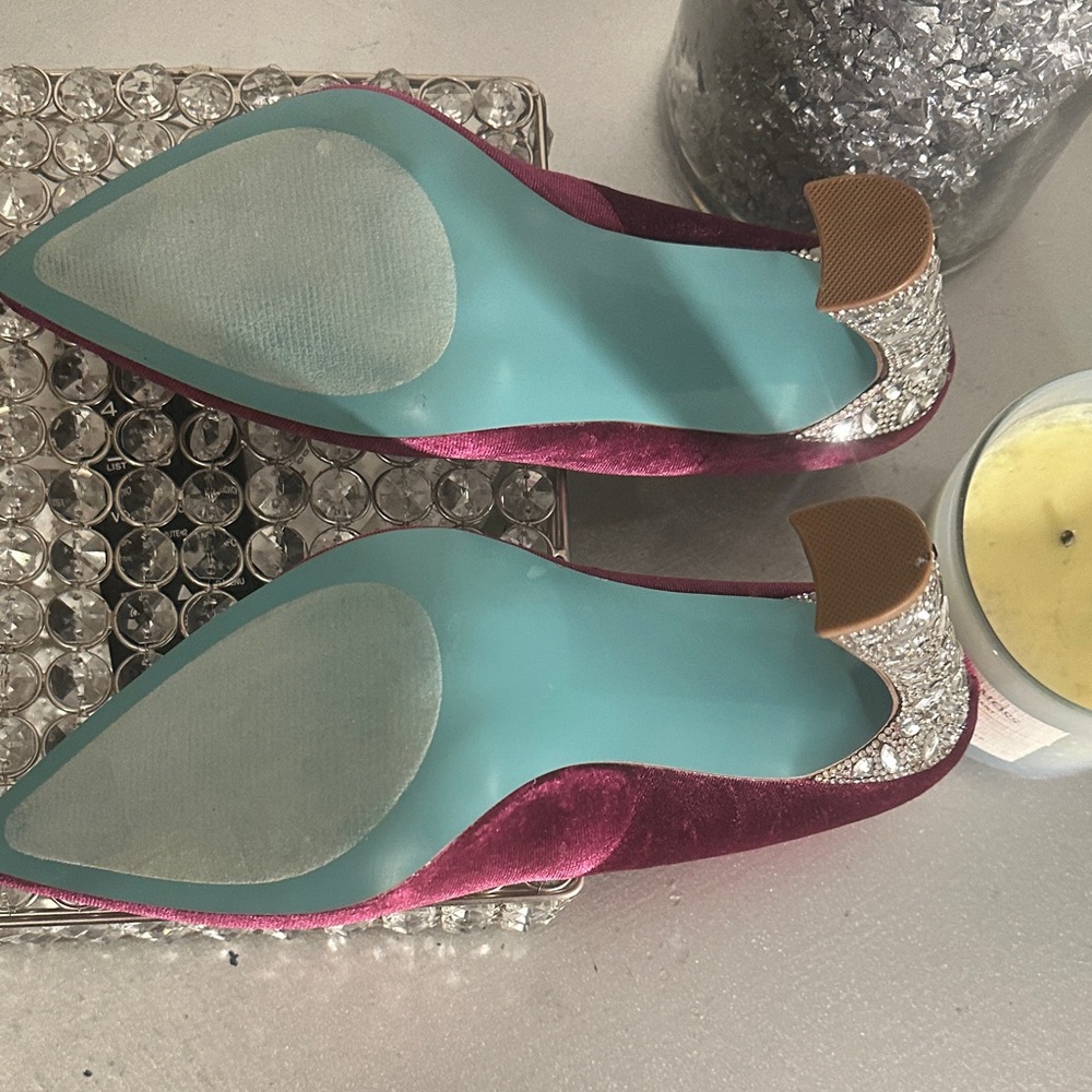 Betsey Johnson Fuchsia Velvet Pumps with Glittering Silver Rhinestone Heel - Picture 6 of 6